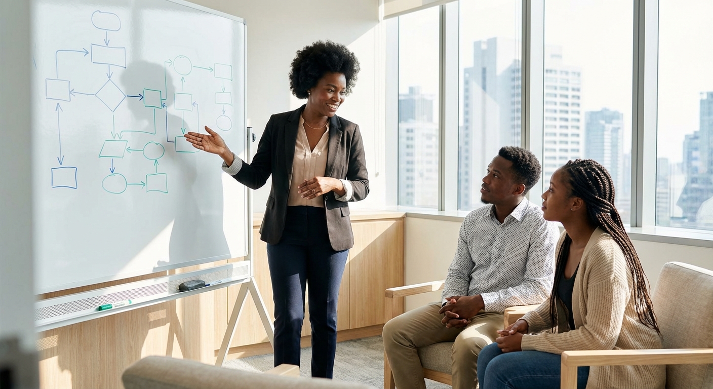 Consultante pr\u00e9sentant les options d'immigration \u00e0 ses clients