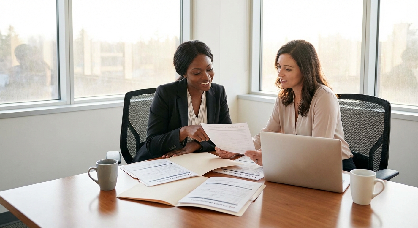 Consultation d'immigration — une cliente et sa consultante examinent un dossier